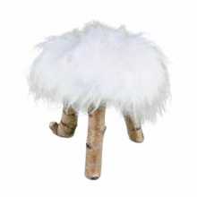 Stool with legs made out of brances and the seat covered with a white Icelandic sheepskin